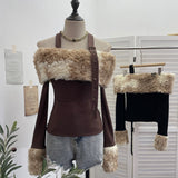 Dizzling Dyeing Collar Splicing Composite Thin Velvet Hanging Neck Shoulder Long Sleeve Top Short Slim T-Shirt 1391