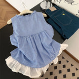 Lace Splicing Fake Two Plaid Sleeveless Vest Shirt Women Summer Lotus Edge Bow Tied With Loose Top