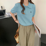 Fashion Embroidered Collar Half Zipper Short-Sleeved Sweater Knitted Women's Spring New Languid Top Casual