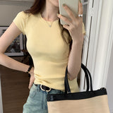 Grey Shoulder Short T-Shirt Girl 2025 New Slimming Summer Short-Sleeved Hottie Knitted Top