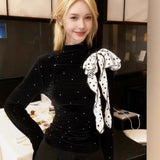 French Wave Point Long-Sleeved T-Shirt Women's Autumn Half-High Collar With Bottom Shirt Tying Temperament