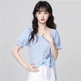 French Blue Collar Plaid Shirt Women's Summer 2026 Summer New Bubble Sleeves With Shirt Short Top