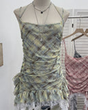 Rally Lattice Mesh Sling Sling Vest Hanging Neck Splicing Lace Irregular Lotus Leaf Edge Ribbon Sleeveless Top 6511