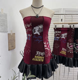 Printed Split Splicing Rope Tie With Pu Skin Bra Punk Babes Dress Dress Girl 6289