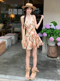 French Retro Lattice Hanging Neck Dress Giant Looking Hottie Wearing Lace Splicing Temperament Short Skirt Summer