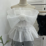 Real Shooting Big Bow Rose Flower Design Smear Chest Vest Wearing Bare Back Sleeveless Top 2192