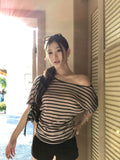 Spice Girls Crash Striped Slanted Shoulder Short Sleeve T-Shirt Women's Summer Design Sense Of Small Loose Slim Bottom T-Shirt
