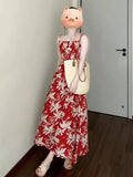 French Red Floral Sling With A Tie Dress Women's Summer 2026 New Beautiful Beautiful Seaside Dress