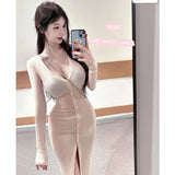 South Korea's Spring And Autumn New Temperament Deep V-Neck Show Long Sleeve Tight-Natured Long-Sleeved And Long-Swaive Dress