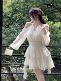 French Temperament Sexy Shoulder Hanging Neck Lotus Side Waist Chiffon Dress Women 2026 Summer New Dress