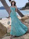 Island Photo Beautiful Green Print Sling Dress Hottie Outing To Wear Bare Side Holiday Lace Dress