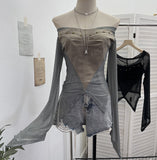 Real Shot One-Word Shoulder Rivet Splicing Dizzy Net Yarn Irregular Long-Sleeved Top Short Repair Hottie T-Shirt 1299
