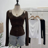 Real Shooting Spice Girls Fake Two Lace Slings Splicing Side Single Buckle Casing Long Sleeve Bottom Shirt 2828