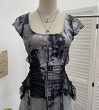 Heavy Industrial Lace Splicing Elastic Print With Bow Short-Sleeved T-Shirt 6185