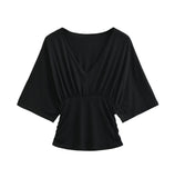 Bat Long-Sleeved Deep V-Neck T-Baender 2026 Summer New Hot Girl Windy Loose Waist Wrinkled Folding Top