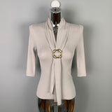 Belt Ribbon Design Seven-Sleeve Top To Slim Thin Knitted Women's Metal Buckle Summer New Short-Sleeved South Korea