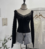 Real Shooting Merard Wind Strapted Bow Splicing Lace Pure Desire Blouse Folding Body Short Blouse 6015