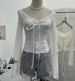 Real Shooting Merard Wind Strapted Bow Splicing Lace Pure Desire Blouse Folding Body Short Blouse 6015