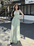 Pure Wind Hanging Neck Strap With Bra Dress Women's Holiday Atmosphere Green Mesh Dress Waist Temperament Long Dress