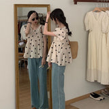 Apricot Folded Short-Sleeved Shirt 2025 Summer Loose Love Heartbreak Flower Blouse Bubble Sleeve Blouse Blouse Blouse Blouse Blouse