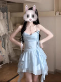 French Design Feel The Leaves Side Of The Blue Dress Women's Summer Gentle Wind Beautiful Seaside Wind Swing Tie Sling Skirt