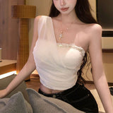 Slanted Shoulder Mesh Yarn Lace Sling Vest Female Wearing Xiatai Hottie Sexy 2026 Bosom Small Top Is Beautiful