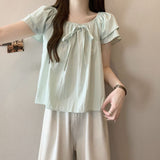 Butterfly Tie With Loose Shoulder Short-Sleeved Shirt For Women's Summer French Mint Green Shirt With Lean Top