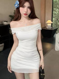 White Pure Desire A Word Out Shoulder Bag Hip Sling Dress Women's Summer 2026 New Sexy Body Repair Short Skirt