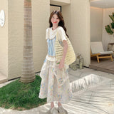 Blue Small Fresh Fake Two Short-Sleeved Shirt Dress Women 2026 Summer Cut-Down Flower Half Skirt Two Sets