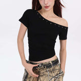 2025 New Black Korean Version Of Irregular Slanted Shoulder Short-Sleeved T-Shirt Girls Summer Design Feel Hottie Repair Body