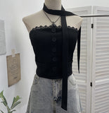 Lace Side Splicing Suit Single Buckle Jacket Head Ribbon Bra Strap Bra With Chest Pad Short Top 8129