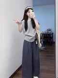 Lazy Commuting Leisure Sports Suit Women's Summer Slanted Shoulders Short-Sleeved T-Shirt Loose Lattice Broad Leg Pants Two-Set