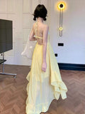 Pure-Want Retro Design Irregularly Exposed Back Yellow Slings Long Skirt Atmosphere Feel Holiday Wind Beach Skirt