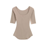 Pure Sexy Slimy Big U-Neck Basic T-Shirt Girl Summer New Body Sleeve Bottom Shirt Top