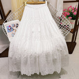 South Korea 2025 Spring Heavy Industry Lace Dress Women High-Waist Splicing Hook Fairy Big Swing A Word Mid-Long Skirt Summer