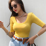 Bright Yellow Double U-Neck Short-Sleeved T-Shirt Women's Five-Point Sleeve Sleeve Top Temperament Tight Body Stature
