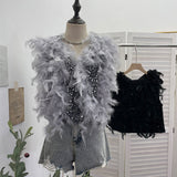 Real Shooting Design Heavy Industry Feather Flash Shiny Splicing Velvet Vest Vest Short Top 9089