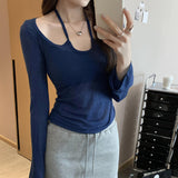 Purely Sexy Hottie Big U-Necked Hollow With Long-Sleeved T-Shirt Girl Spring And Summer 2025 New Bottom Shirt Top