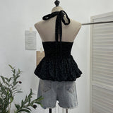 Real Shooting Wave Point Hanging Neck Sling Vest Bare Back Bow Skirt Swollen Belly Thin Sleeveless Top 9260