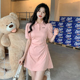 Polo Collar Folding Dress Temperament Waist Thin Dress Design Small Sweet Sleeve Dress