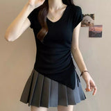 Oceanic Back Hollow Design Blouse V Collar Slim Slimmed T-Shirt 2026 Summer New Solid Color Shirt