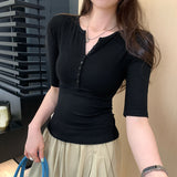 Unique Beautiful Half-Buckle Shoulder Sleeve T-Shirt 2025 New Slim Slim Five-Sleeve Top