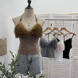 Real Shot Hair Splicing Hanging Neck Sling Vest Sexy Low Chest Bare Back Short Sleeveless Top 2802