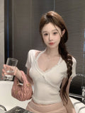 Lace Lace Lace Bow Sexy V-Neck Short-Sleeved T-Shirt Girl Summer Design Picts Hanging Neck Repair Short Blouse