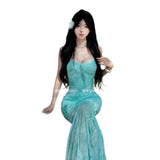 French Light Green Printed Mesh Sling Dress Women's Summer Seaside Vacation Pure Sexy Fishtail Ass And Hips