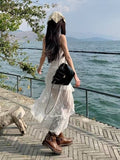 French White Irregular Lace Sling Dress Women's Summer Seaside Vacation Waist Thin Open Fork Long Skirt