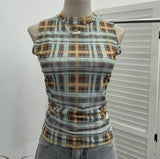 Double-Layer Mesh Vest Retro Design Slim Slimming Sleeveless T-Shirt Short Top 8036