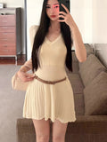 V Collar Half-Sleeved Knitted Dress Woman 2026 Summer Babes Slimmed Short Skirts Thin Waist A-Word Dress