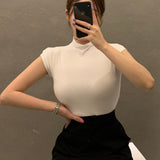 High Elastic Half-Neck Sleeveless Vest Tight Body Slim Outside Wearing Conch-Colored Bottom Shirt Woman Summer Spring