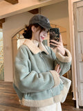 Korean High-Grade Light Blue Collar Short Lamb Wool Coat Women 2026 Winter Leather Jacket Top